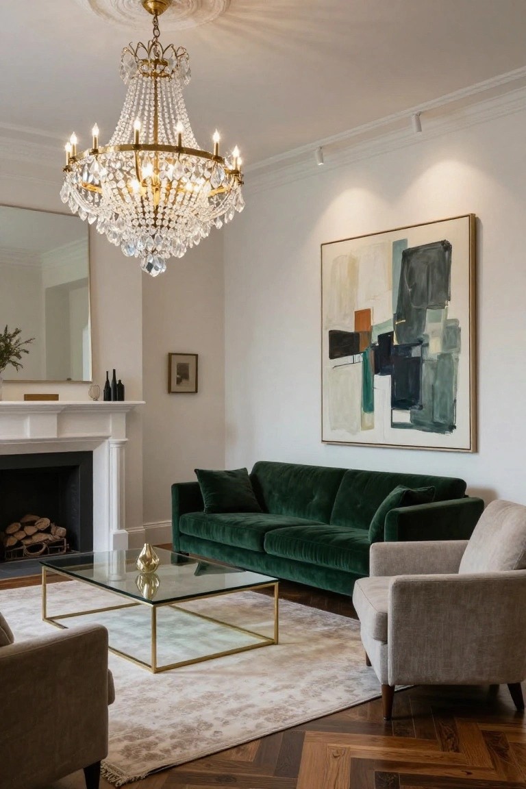 Elegant living room with green velvet sofa, crystal chandelier, and abstract art.