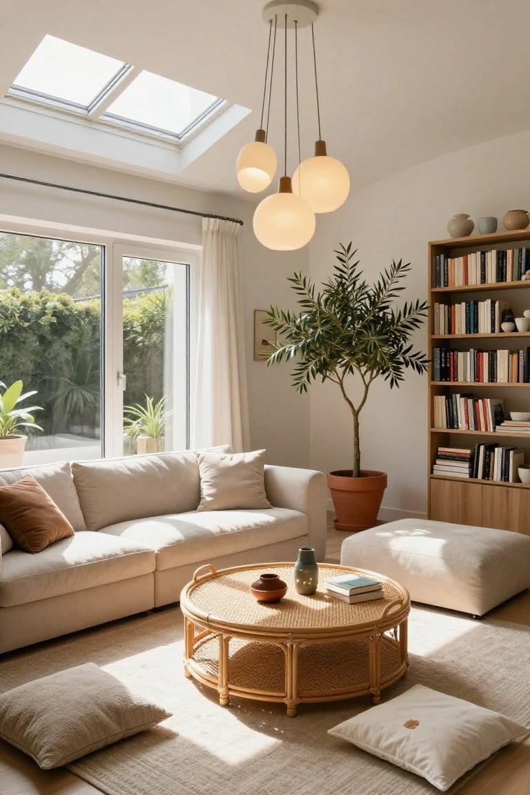A sunlit living room with five white globe pendant lights on wooden fittings hanging from the ceiling above a beige sectional sofa, rattan coffee table with books and ceramics, floor cushions, potted olive tree, and bookshelves beside sliding glass doors to a garden.
