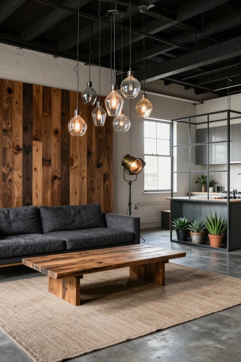 Loft-style living room with dark gray sofa, low wooden coffee table, multiple glass pendant lights hanging from black exposed ceiling beams, vertical wood accent wall, concrete floor, and open metal-framed kitchen area in the background.