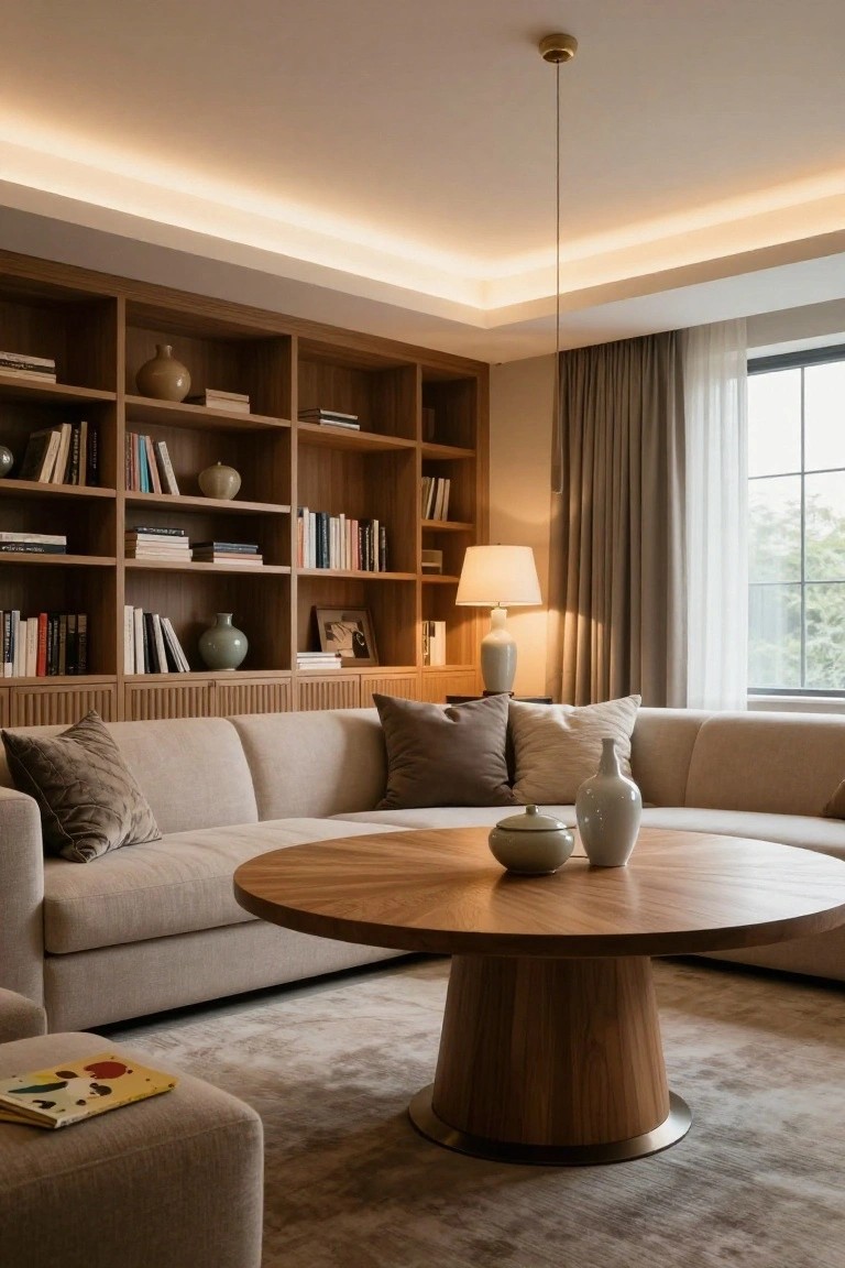 A living room featuring wooden bookshelves filled with books and ceramics, a beige curved sofa with pillows, a round wooden pedestal coffee table with white vases, a hanging brass pendant light, perimeter ceiling LED strips, and a table lamp near sheer-curtained windows.