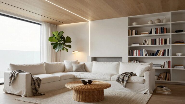 Modern living room interior with perimeter recessed LED strip lighting on the ceiling, white modular bookshelves filled with books and ceramics, large white sofa with throw blanket, rattan coffee table with stacked books, potted fiddle leaf fig plant next to floor-to-ceiling window, stone fireplace, and beige rug on wood floor.
