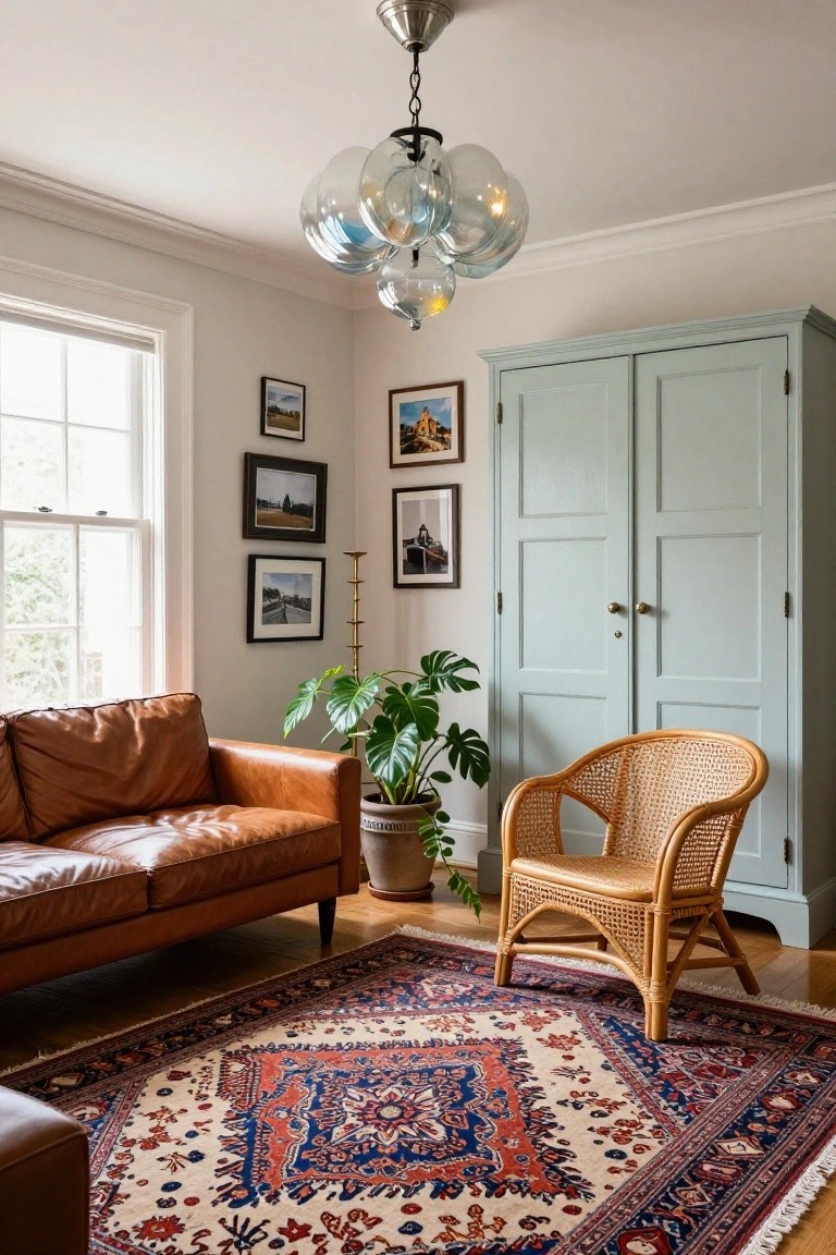 Living room with ceiling chandelier of multiple clear glass globes, brown leather sofa, rattan armchair, patterned rug, monstera plant in terracotta pot, and mint green wardrobe.