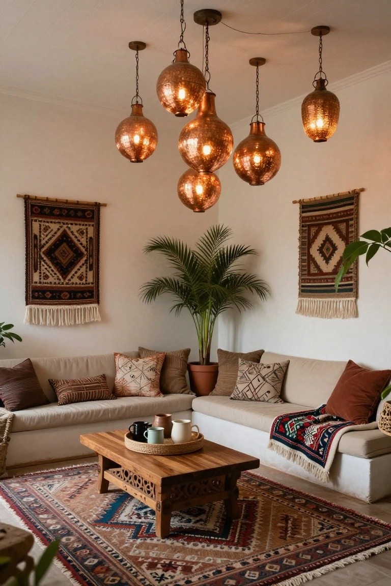 Living room corner with multiple hammered copper pendant lanterns hanging above a beige L-shaped sofa, wooden coffee table, patterned rug, potted plants, and woven wall hangings.
