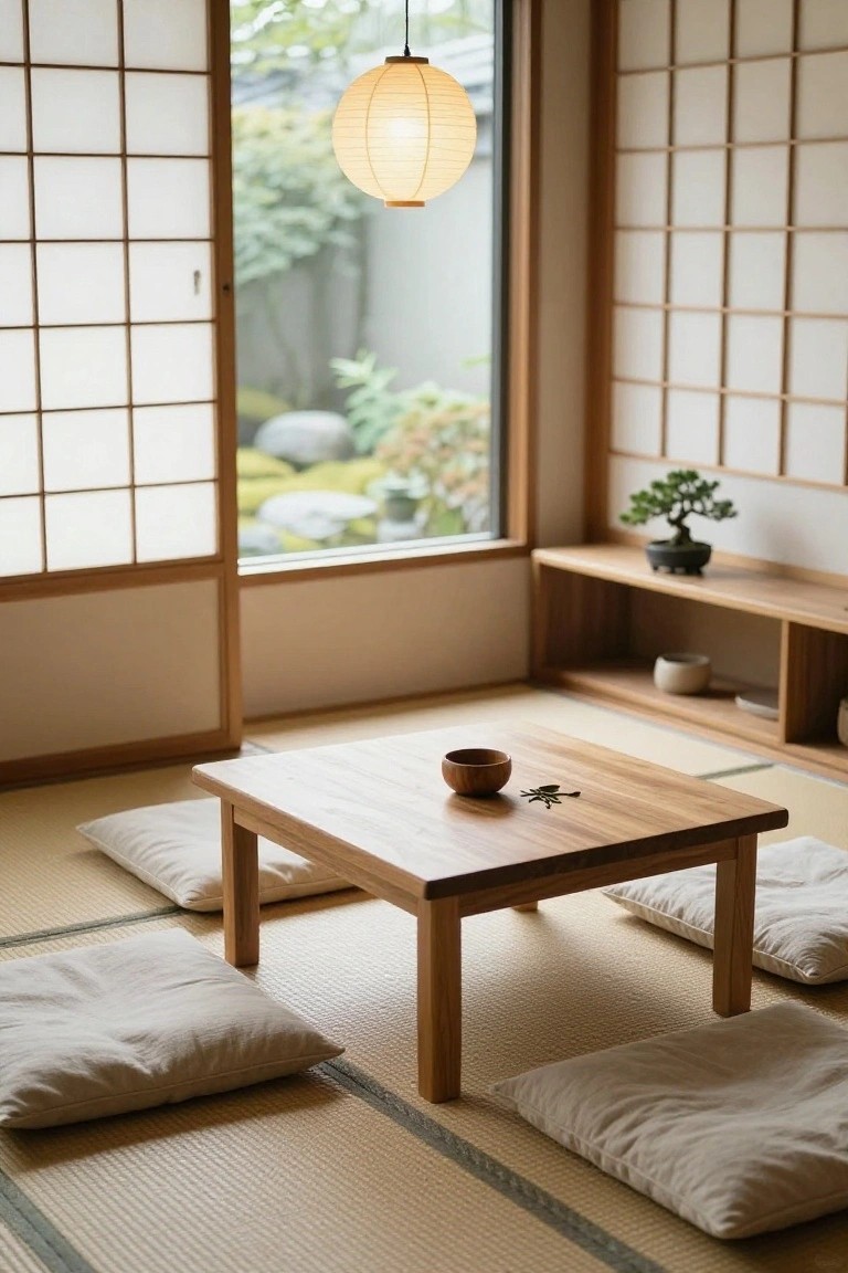 Japanese-style living room with tatami mats, low wooden table holding a bowl and tea leaves, zabuton cushions around it, shoji screen windows showing a garden, bonsai plant on wooden shelf, and hanging paper lantern ceiling light.
