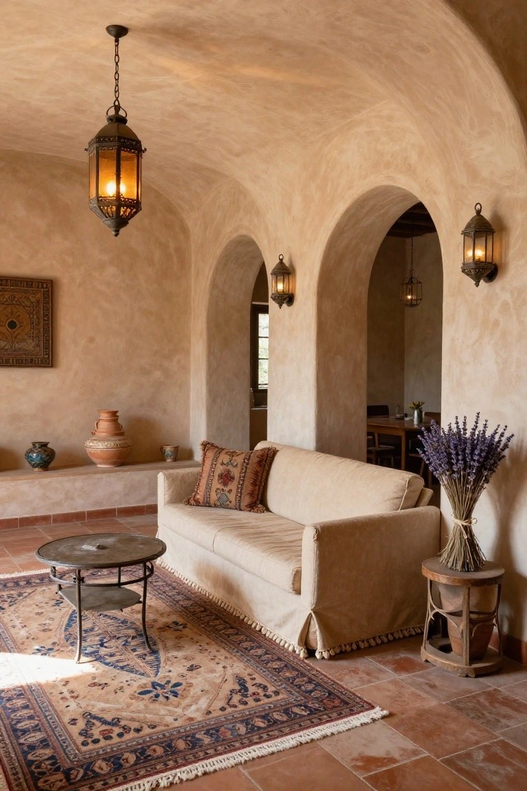 Living room with arched beige walls and doorways, cream sofa with patterned pillows, low metal table, blue and beige Persian rug on terracotta tile floor, central hanging bronze lantern light, matching wall sconces, pottery jars on a shelf, wooden stool with dried lavender bundle.