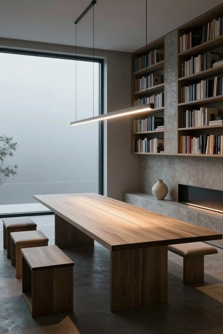Modern dining area with long wooden table under slim linear pendant light, built-in bookshelves on concrete walls, large window with foggy view, and low concrete fireplace with vase.