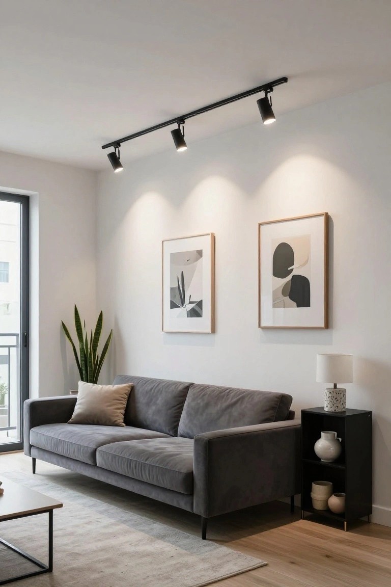 Modern living room with black ceiling track lighting featuring three spotlights over a gray velvet sofa, abstract framed artwork on walls, potted snake plant, side table with lamp and vases, and large window.