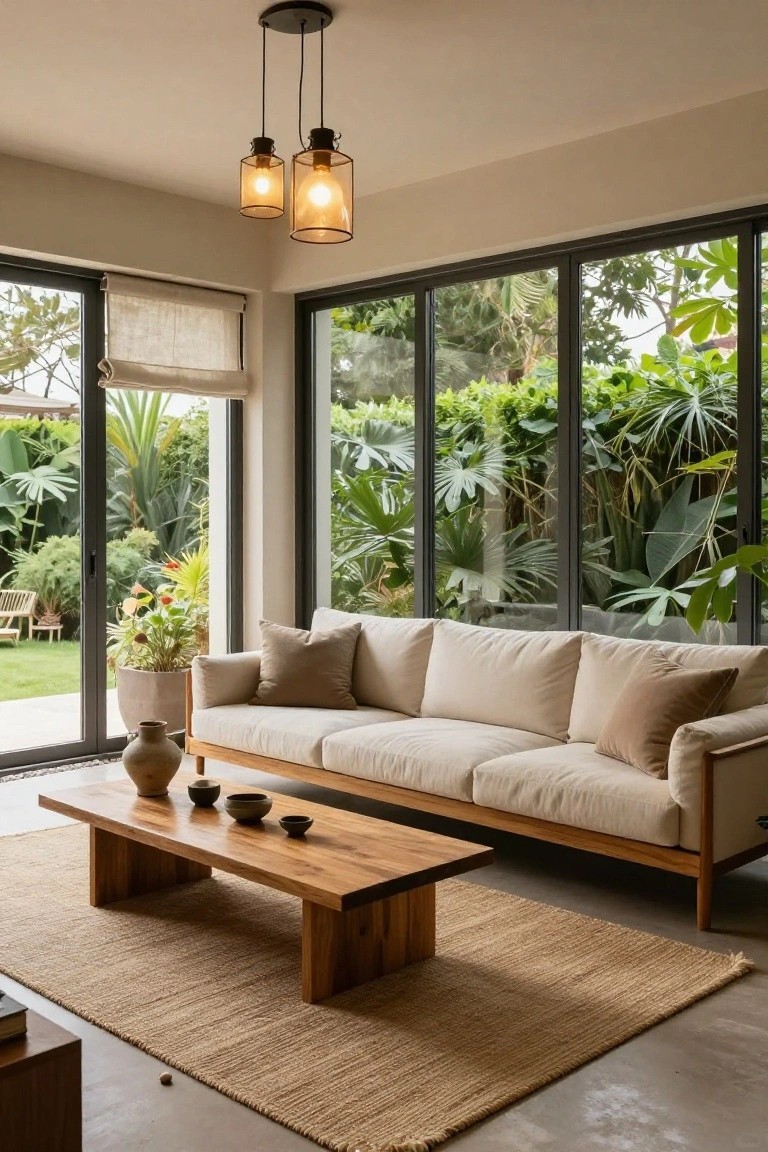 Modern living room with beige sofa, wooden coffee table, and garden view.
