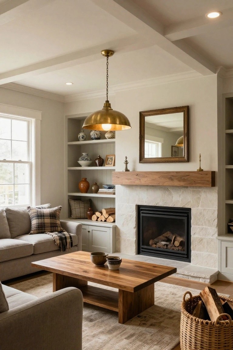 Living room with beige walls, gray sofa, wooden coffee table under a large brass pendant light, stone fireplace, built-in shelves with ceramics, and window.