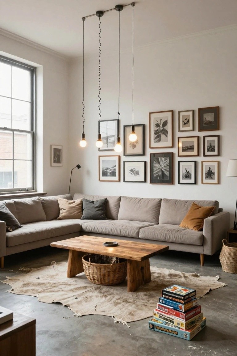 Modern living room with L-shaped gray sofa, low wooden coffee table holding a basket, beige sheepskin rug, stack of board games on polished concrete floor, gallery wall of black-and-white photos, large window, floor lamp, and three black pendant lights with exposed bulbs suspended from a ceiling bar over the seating area.