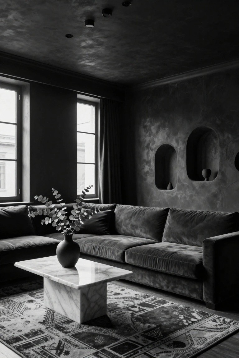 Black and white photo of a dark living room with textured ceiling and recessed spotlights, L-shaped gray velvet sofa, marble coffee table holding a vase of eucalyptus, and patterned rug on wood floor.