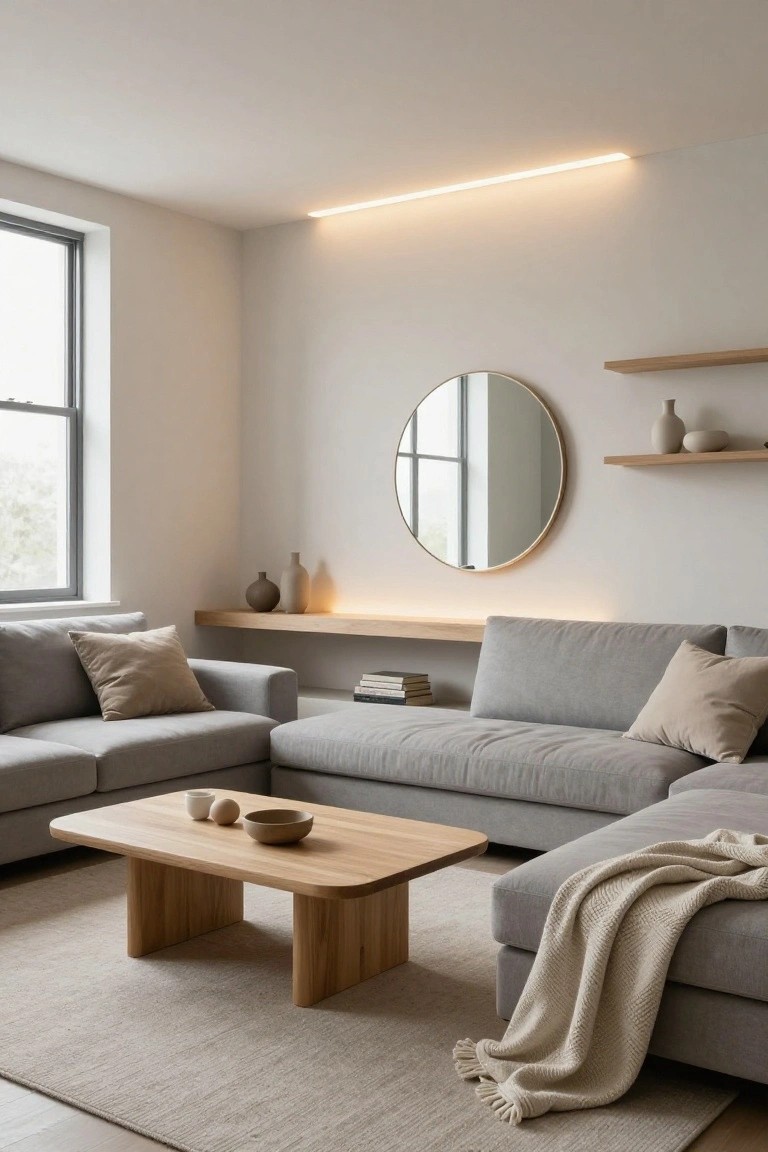 Modern living room with gray sectional sofa, round mirror, and wooden coffee table.