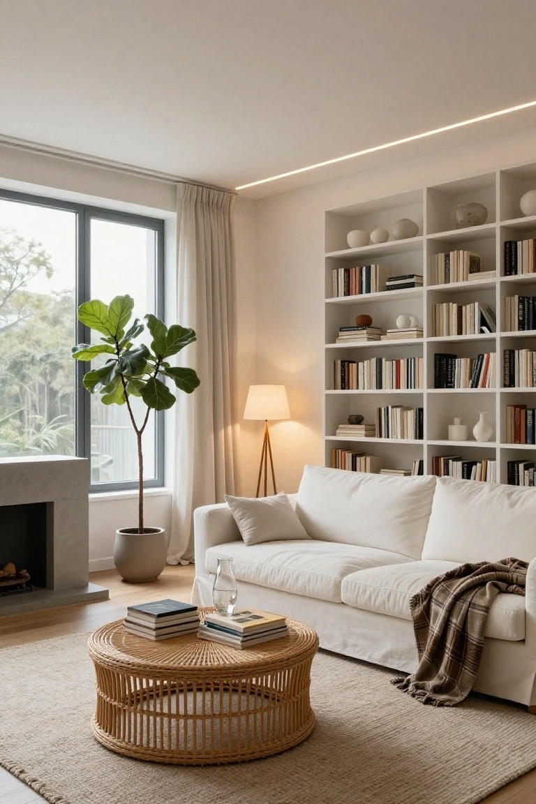 Modern living room interior with perimeter recessed LED strip lighting on the ceiling, white modular bookshelves filled with books and ceramics, large white sofa with throw blanket, rattan coffee table with stacked books, potted fiddle leaf fig plant next to floor-to-ceiling window, stone fireplace, and beige rug on wood floor.