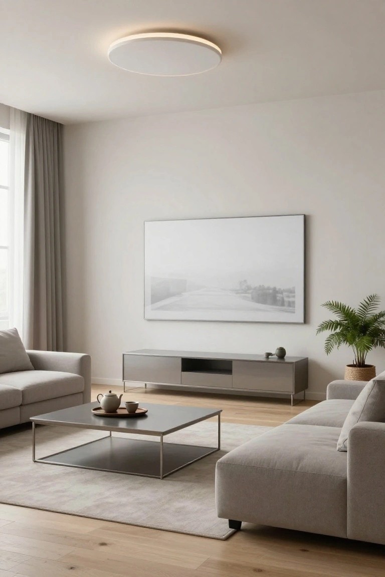 Modern living room with light gray L-shaped sofa, low metal coffee table holding a teapot and cup, gray media console under large white-framed abstract print, potted fern, round flush white ceiling light with glowing edge, light wood floors, beige rug, and window with light gray curtains.