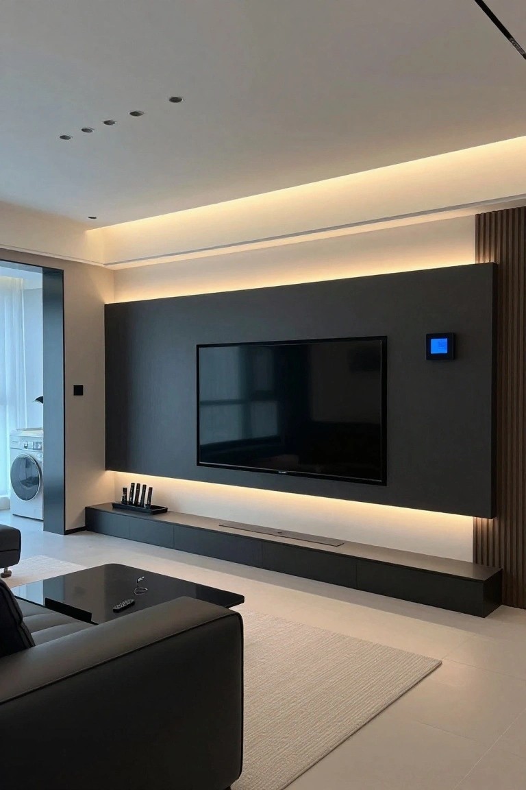 Modern living room with gray TV wall unit, row of five recessed ceiling lights, black leather sofa facing the TV, wood slat accents, and white flooring.