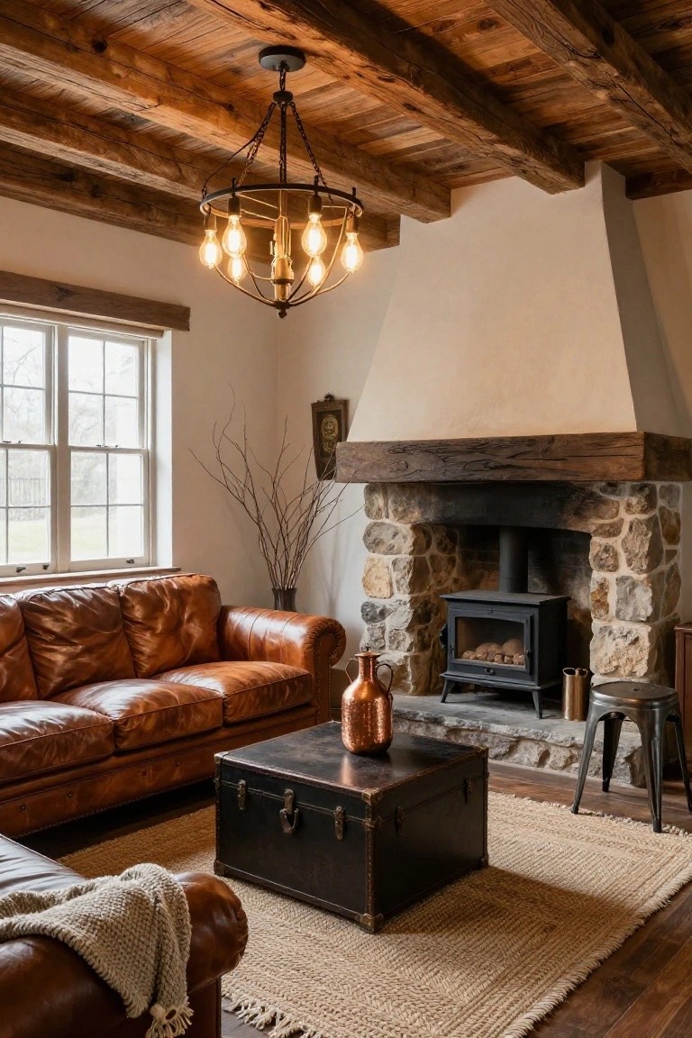 Living room with exposed wooden beam ceiling, black metal chandelier with multiple exposed bulbs, brown leather sofa, black trunk coffee table, stone fireplace with wood stove, copper vase, and wooden floor.