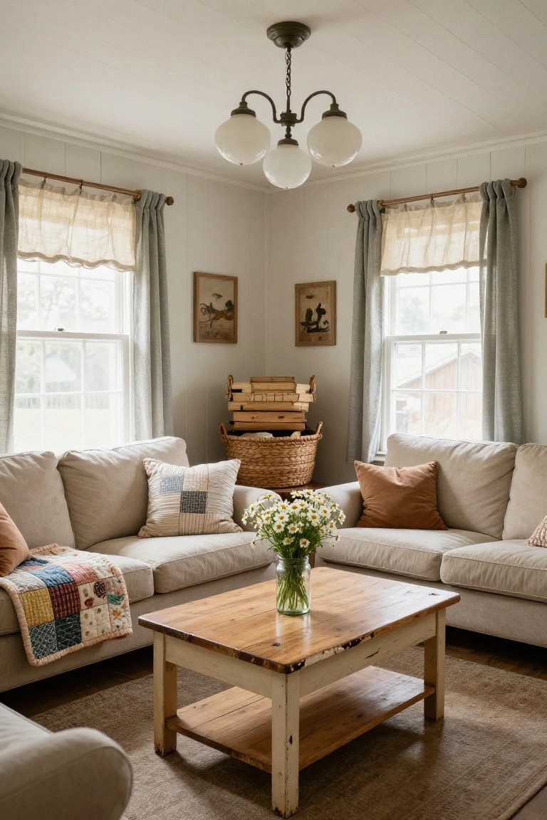 A cozy living room with light beige sofas around a rustic wooden coffee table holding a vase of white flowers, lit by a brass chandelier with four white globe shades from the white paneled ceiling, large windows with sheer gray curtains, and woven baskets stacked nearby.