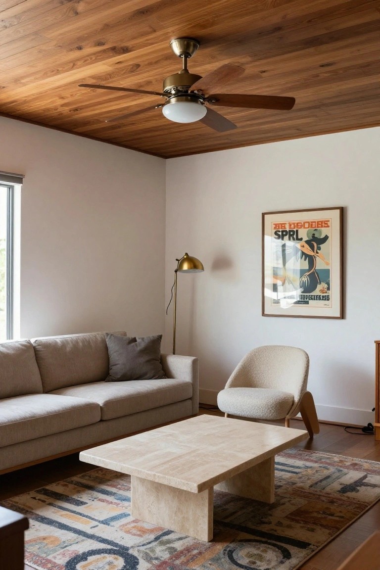 Living room with warm wood plank ceiling, brass ceiling fan with matching wood blades and white globe light, beige sofa with gray pillows, white boucle armchair, rectangular travertine coffee table, and multicolored patterned rug.