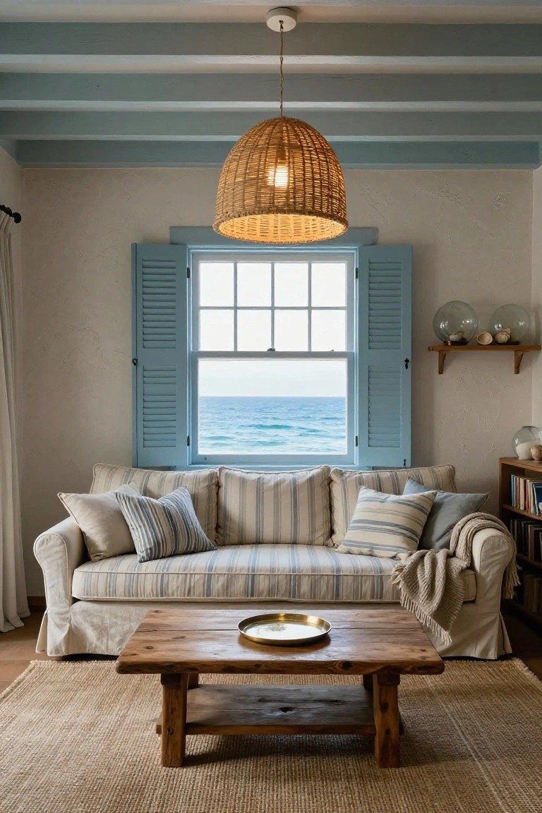 Living room with white walls, blue ceiling beams and shutters on window overlooking ocean, large woven rattan pendant light hanging over wooden coffee table and striped linen sofa.