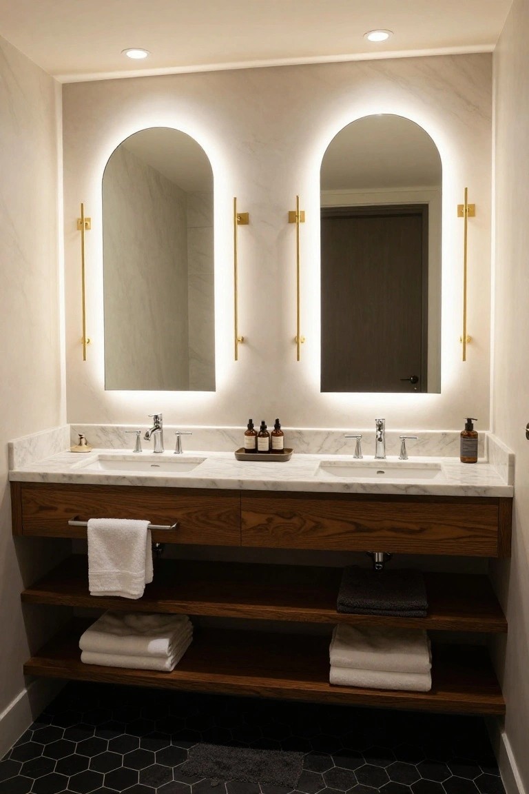 Bathroom vanity with two tall arched frameless mirrors featuring perimeter backlighting and flanked by slim gold sconces, double undermount sinks on white marble countertop, wood cabinet below with towels, and black hexagonal floor tiles.