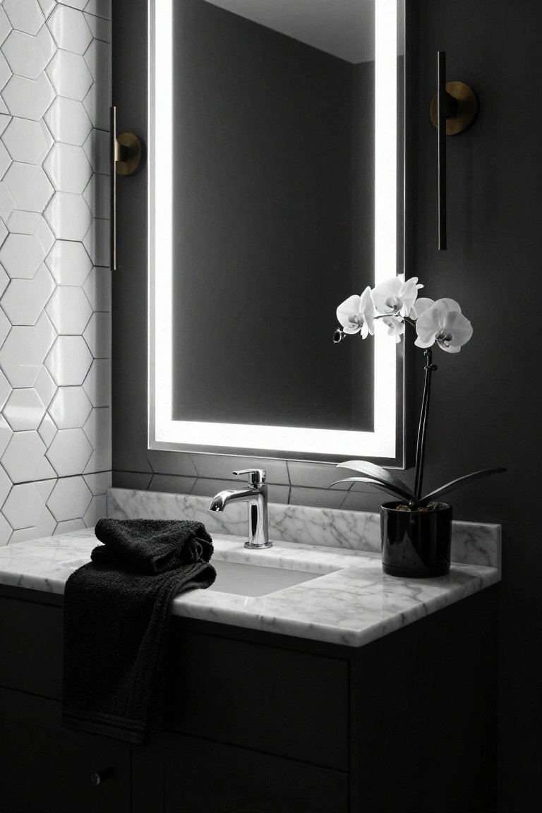 Modern bathroom vanity area featuring a large rectangular mirror with LED backlighting, white hexagonal wall tiles, black wall-mounted sconces, marble countertop with undermount sink and chrome faucet, black cabinetry, folded black towels, and a white phalaenopsis orchid in a black pot.