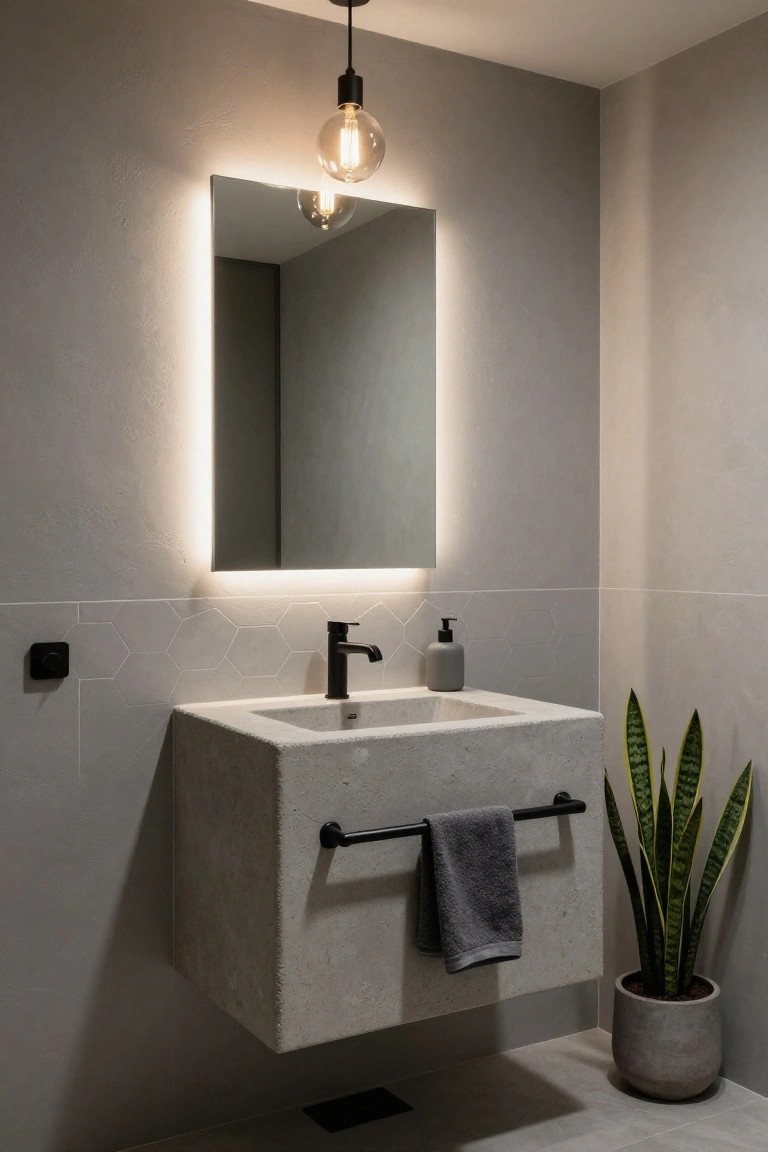 Gray-toned bathroom with floating concrete vanity, black faucet and towel bar, hexagonal tile backsplash, backlit rectangular mirror, hanging Edison bulb pendant light, soap dispenser, and potted snake plant on tiled floor.