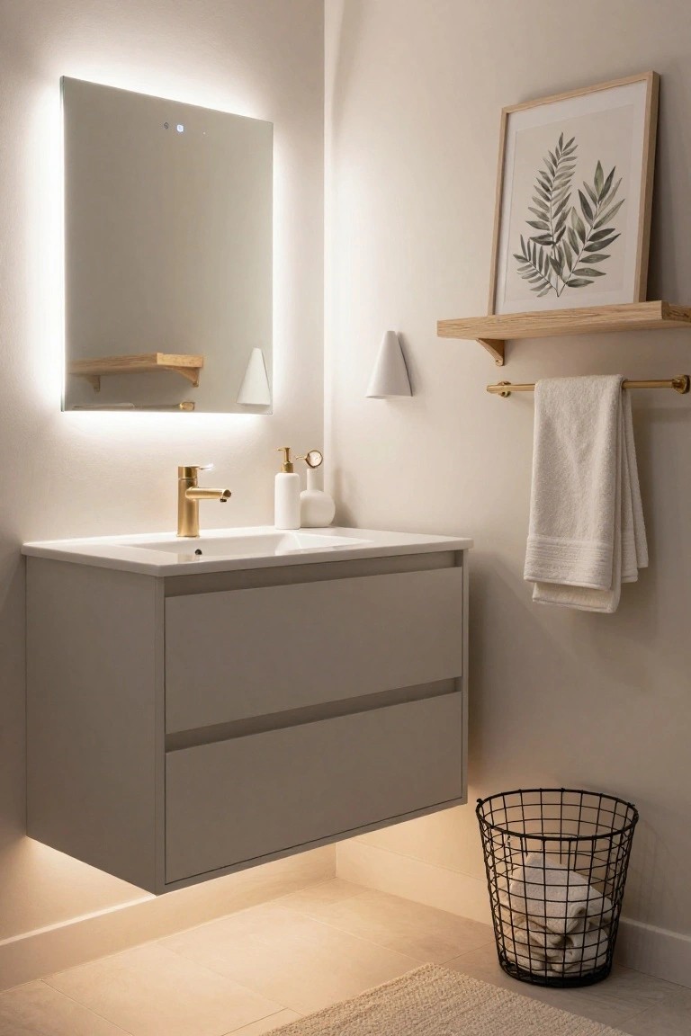 Contemporary bathroom with floating gray vanity cabinet, gold faucet and soap dispenser on white sink, backlit rectangular mirror above, oak shelf with leaf art print and white lamp, gold towel bar with white towels, black wire wastebasket with linens on light tile floor.