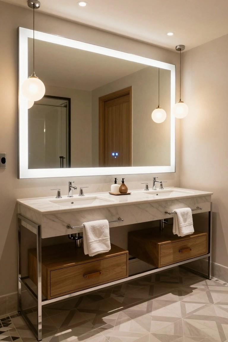 Modern bathroom vanity featuring a large backlit rectangular mirror, two white marble sinks with chrome faucets, hanging white globe pendant lights, wooden drawers, and white towels on a metal and wood base.