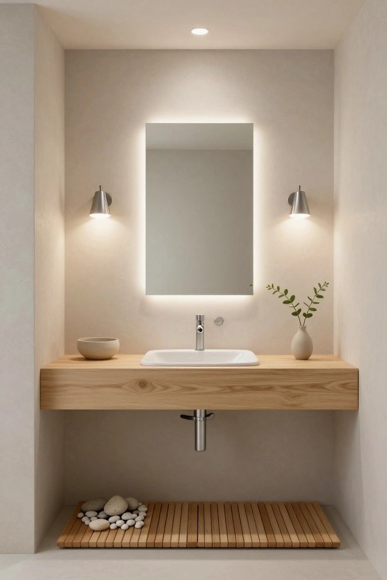 Bathroom vanity setup featuring a rectangular backlit mirror flanked by two brushed metal cone sconces, a white undermount sink on a floating oak countertop, eucalyptus in a vase, a ceramic bowl, and a wooden slat mat with pebbles below.