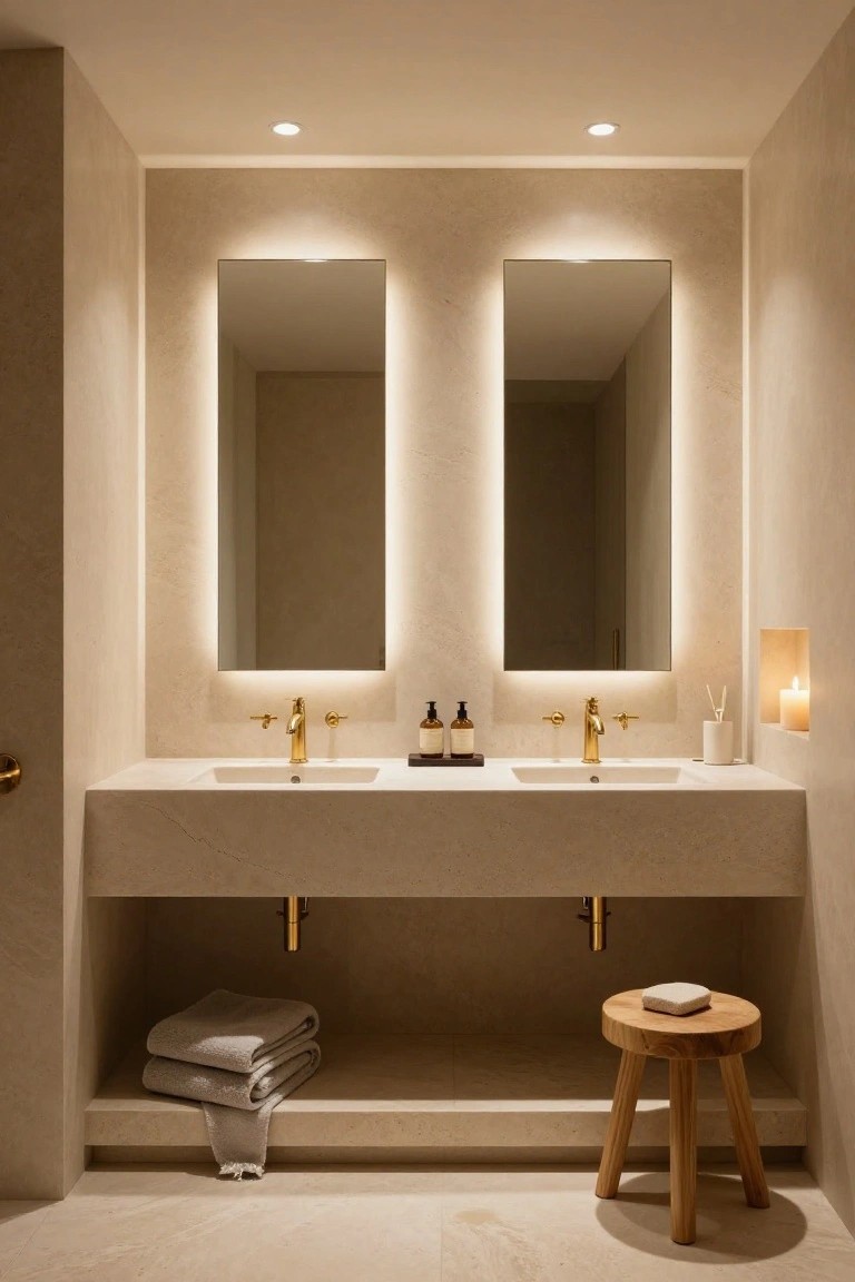 Modern bathroom with double beige stone vanity, two tall backlit rectangular mirrors, gold faucets and sinks, stacked gray towels underneath, wooden stool with soap dish, candle niche, and neutral walls and floor.
