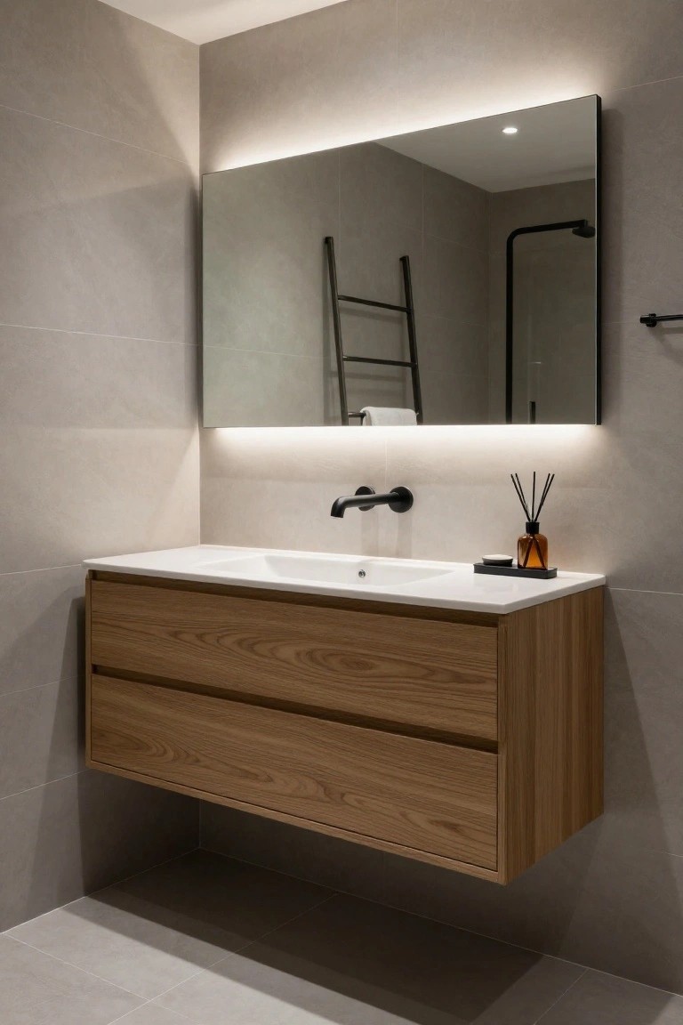 Modern bathroom with floating oak vanity cabinet, white undermount sink, black wall faucet, large rectangular mirror with edge LED backlighting, black towel ladder, reed diffuser, and walk-in shower against light gray tiled walls.