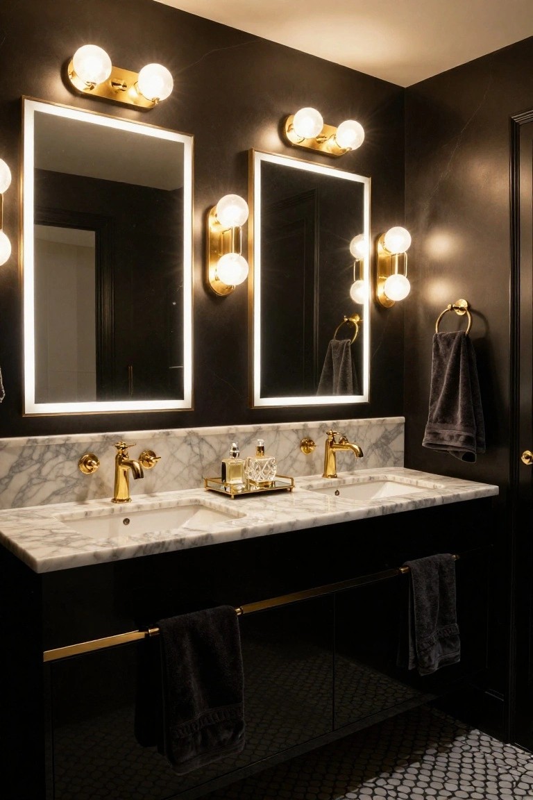 A modern bathroom vanity area with black walls, white marble countertop, two sinks with gold faucets, flanked by backlit mirrors and globe wall sconces, black cabinetry, and gray towels.