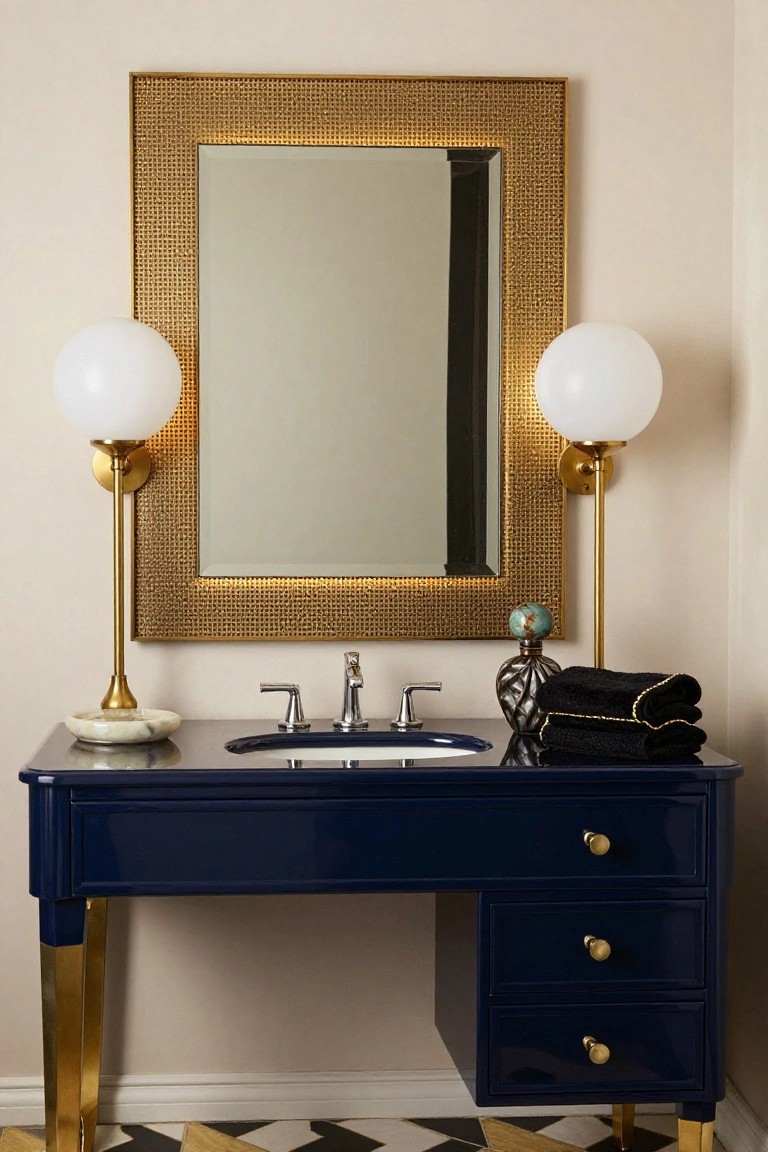 Bathroom vanity with navy blue cabinet on gold legs, white sink, large gold-woven frame mirror centered above, flanked by two tall white globe sconces on brass bases, black towels stacked nearby, turquoise vase, onyx soap dish, and black-white checkered floor rug.