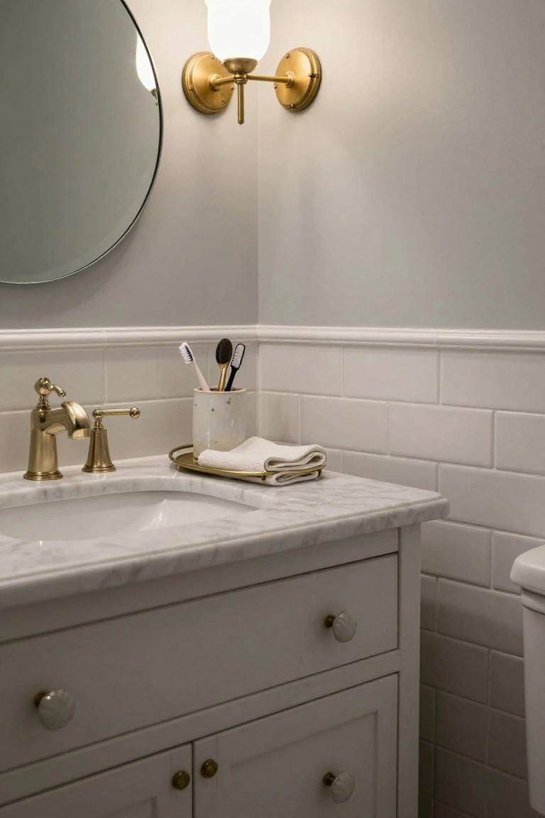 Bathroom vanity with white marble sinktop, gold bridge faucet, brass wall sconce with white glass shade beside round mirror, white subway tile backsplash, toothbrushes in terracotta holder on counter, and white cabinetry below.