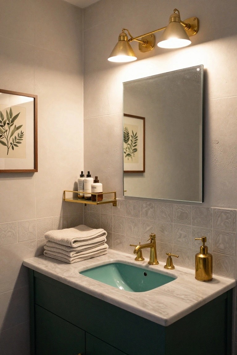 Bathroom vanity with dark green cabinet, white marble countertop, turquoise sink, gold faucet and handles, brass wall sconces above a rectangular mirror, gold shelf holding bottles and folded towels, and artwork on beige tiled walls.
