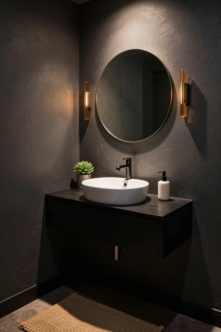 Modern bathroom corner with black wall-mounted vanity and white vessel sink, large round mirror flanked by two vertical brass tube wall sconces on textured gray walls, small succulent plant, soap dispenser, and woven floor mat.