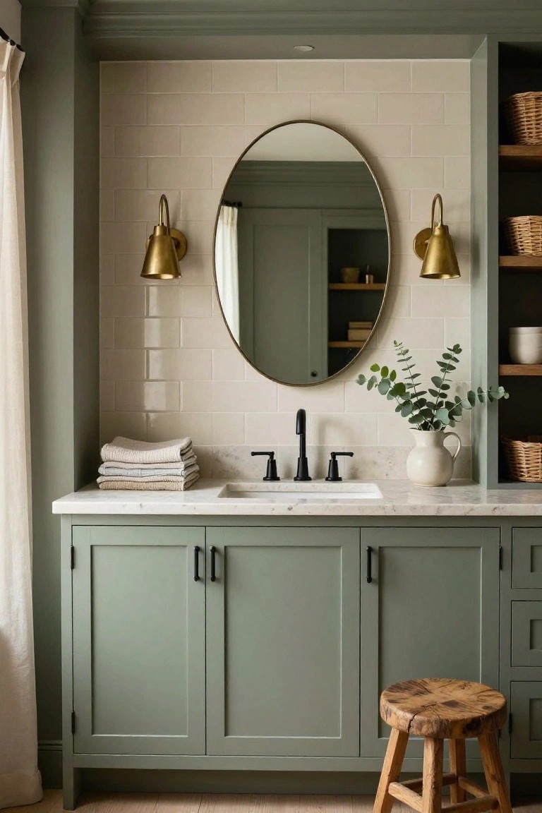 Bathroom vanity with sage green cabinets, white subway tile backsplash, oval gold-framed mirror flanked by two curved gold sconces, marble countertop with black faucet, stacked linen towels, eucalyptus in white pitcher, wooden stool, and open wood shelves with baskets.