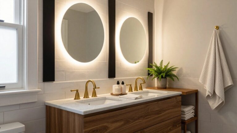 Bathroom vanity area featuring a round black-framed mirror flanked by tall black cylindrical sconces, white marble countertop with gold faucet, wooden cabinet base, potted fern plant, white towels, and white subway tile walls.