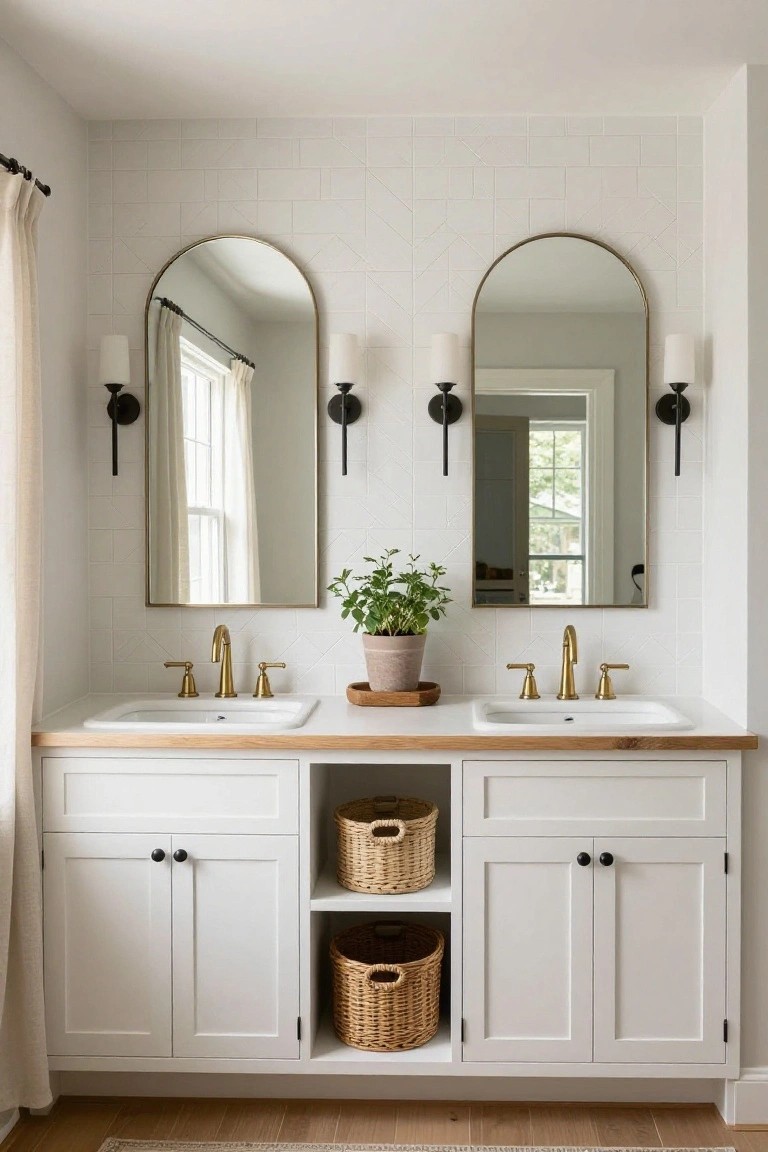 White double vanity with light wood top and gold faucets under two gold-framed arched mirrors flanked by black sconces with white shades on a white tiled wall in a bathroom.