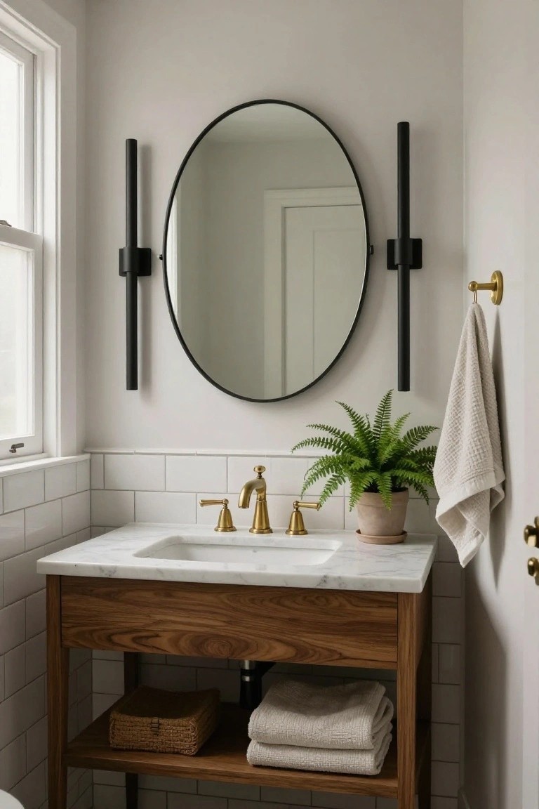 Bathroom vanity area featuring a round black-framed mirror flanked by tall black cylindrical sconces, white marble countertop with gold faucet, wooden cabinet base, potted fern plant, white towels, and white subway tile walls.