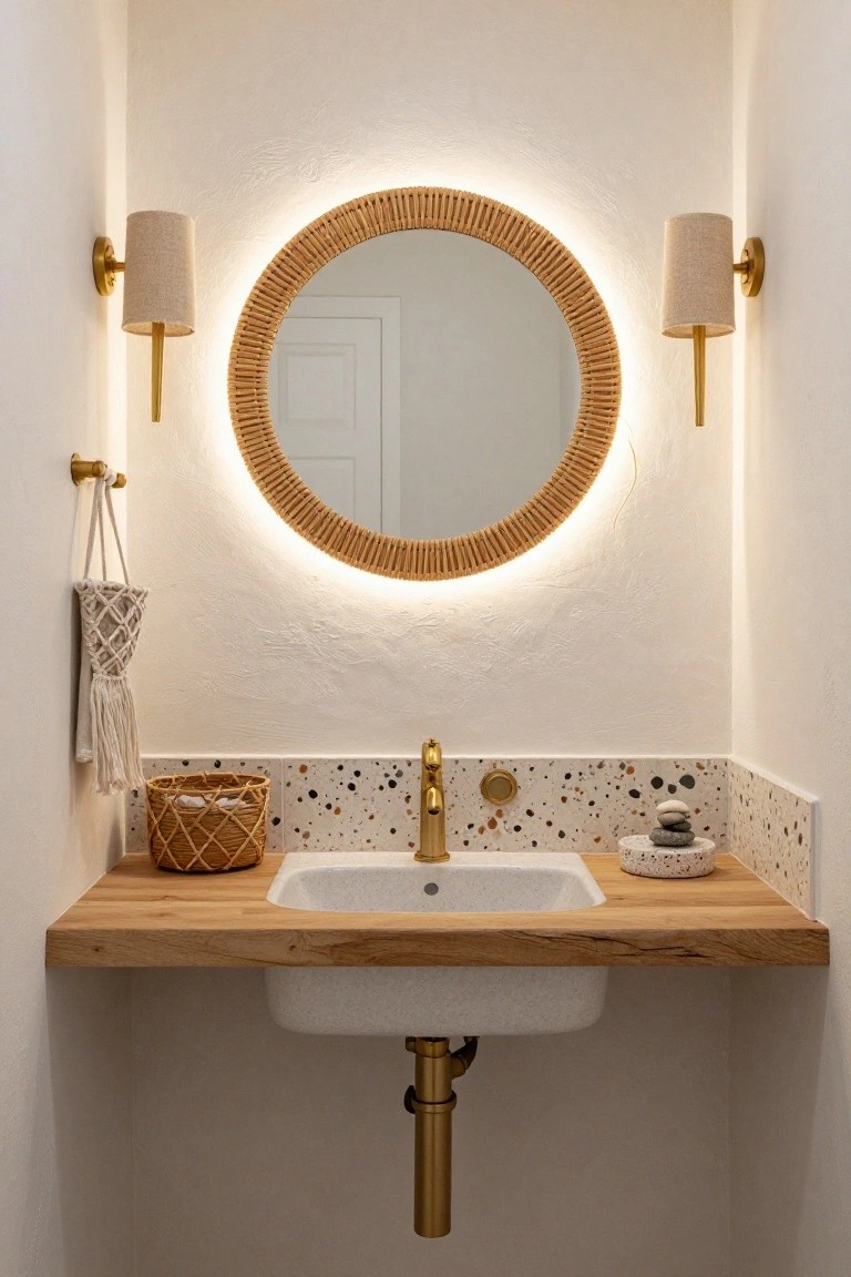 Small bathroom vanity with oak wood countertop supporting white undermount sink and gold faucet, terrazzo backsplash, rattan round mirror with perimeter LED lighting, matching fabric sconces, and wall hooks.