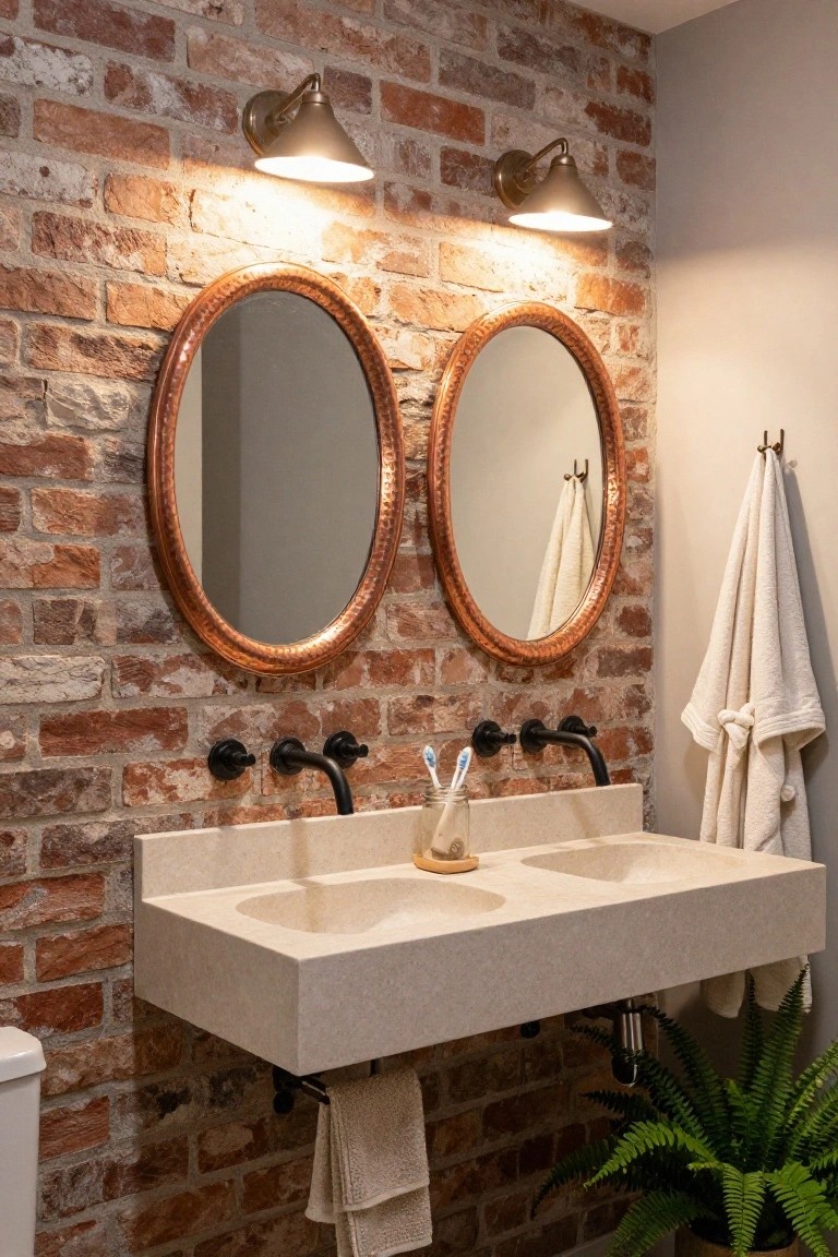 Bathroom vanity area with exposed brick wall, two oval copper-framed mirrors, brass cone-shaped wall sconces, double floating beige sinks with black faucets, white towels, toothbrush holder, toilet, and potted fern plant.