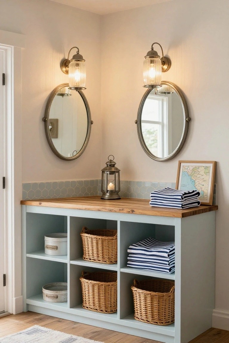 Corner bathroom vanity with light blue cabinets, wooden countertop, hexagonal blue-green tile backsplash, two round brass-framed mirrors each lit by a glass lantern wall sconce, wicker baskets in open shelves, folded striped towels, a metal lantern on the counter, and a framed map nearby.