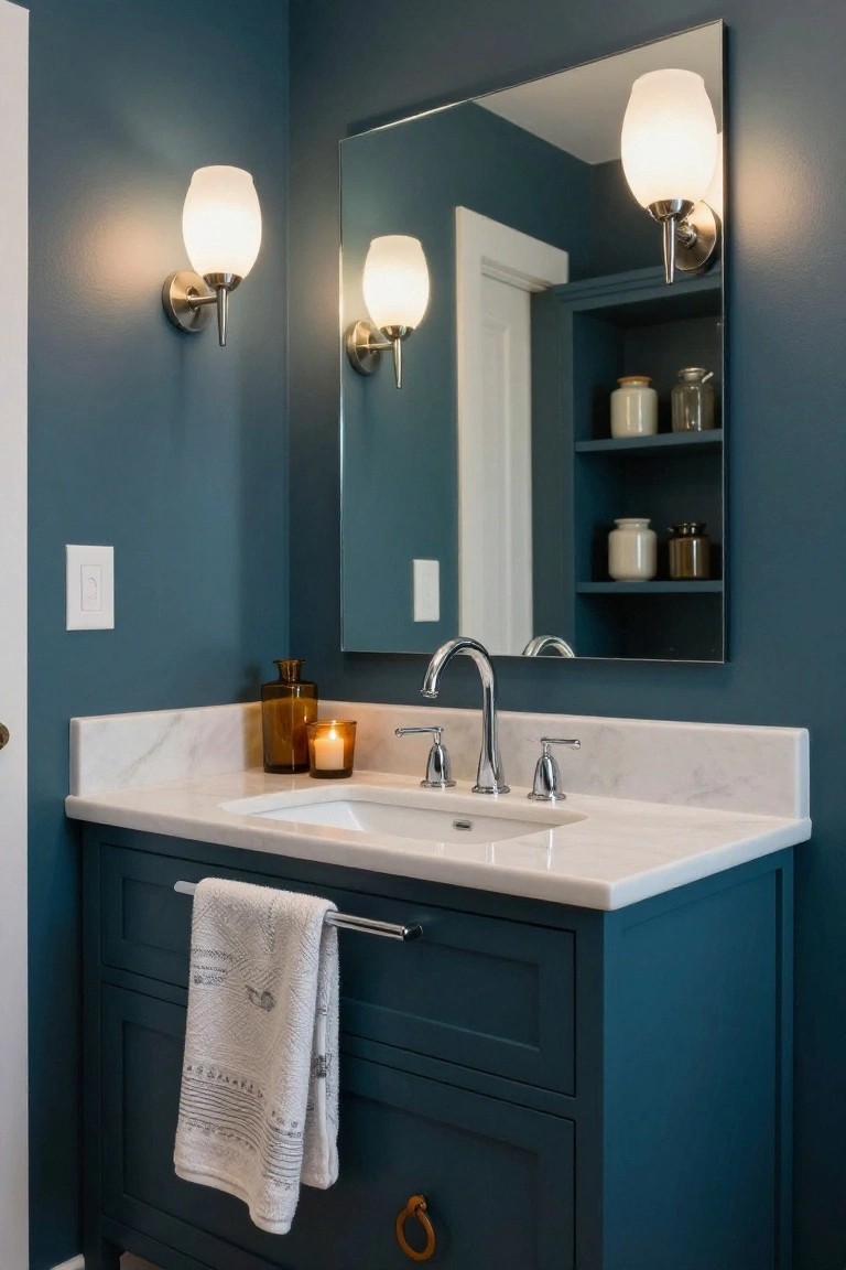 A navy blue bathroom vanity cabinet with white marble countertop and undermount sink, flanked by a rectangular mirror and two matching white glass globe wall sconces mounted on the wall.