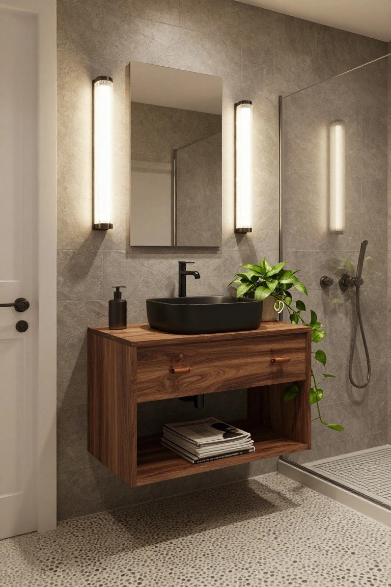 Modern bathroom with floating wooden vanity, black vessel sink, flanked mirror lit by tall vertical tube sconces, potted plant on shelf, glass shower enclosure, and pebble floor.
