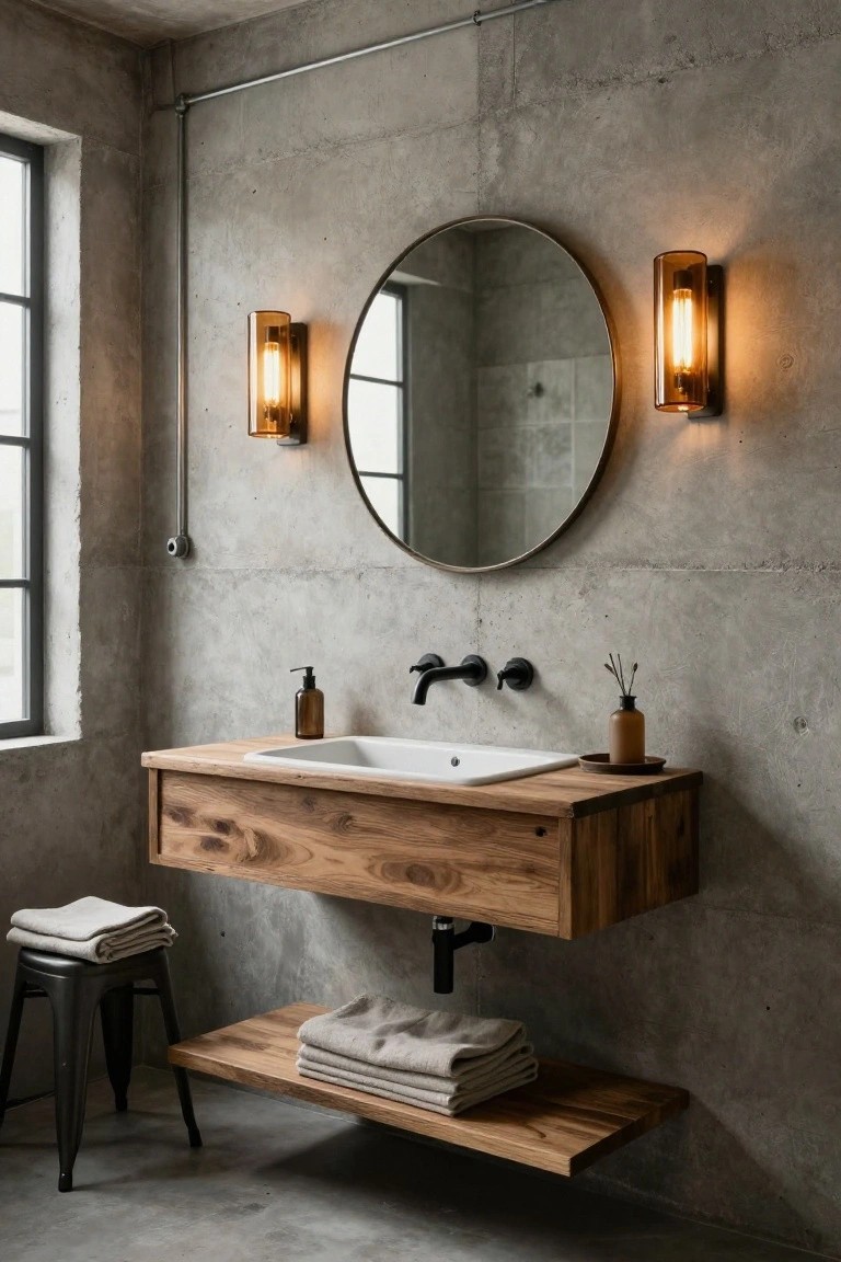 Bathroom vanity with floating wooden cabinet, white sink, black faucet, round mirror flanked by two amber glass wall sconces, concrete walls, small metal stool, and wooden shelf holding towels.