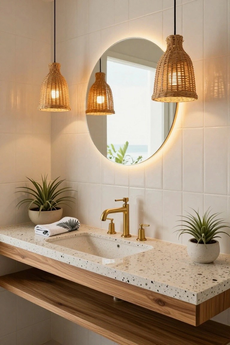 Bathroom vanity with floating white terrazzo countertop and sink, gold faucet, round backlit mirror, three hanging rattan pendant lights, folded towel, and potted plants on white tiled walls.