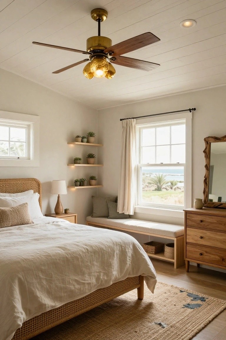 Bedroom with white paneled ceiling, brass ceiling fan featuring four wooden blades and four textured glass shades, rattan bed frame with white linens, floating wooden shelves holding potted plants, large window showing ocean view, wooden nightstand and dresser, and beige rug on wood floor.