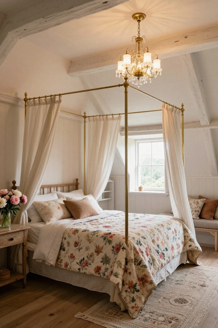 Vaulted ceiling bedroom with white paneled walls, wooden beams, gold four-poster canopy bed draped in white fabric, floral quilt, crystal chandelier overhead, side table with flowers, and window showing green view.