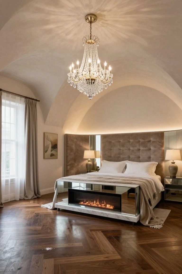 Bedroom interior with vaulted arched ceiling, crystal chandelier, tufted upholstered bed platform with built-in gas fireplace, bedside tables with lamps, herringbone wood floor, and window with sheer curtains.